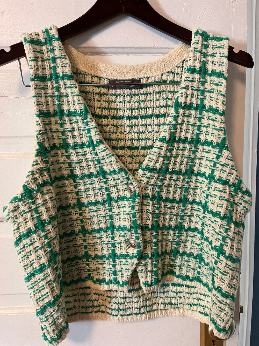 Anthropologie Cream & Green Textured Knit Vest